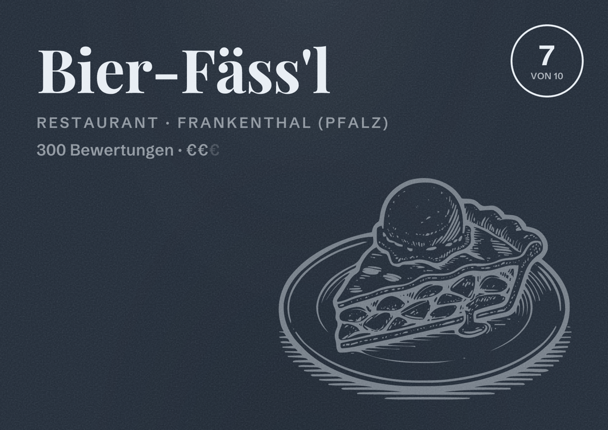 Illustriertes Poster von Bier-Fäss'l, Restaurant in Frankenthal (Pfalz): Bewertung 7 von 10 aus 300 Bewertungen, Preisniveau €€