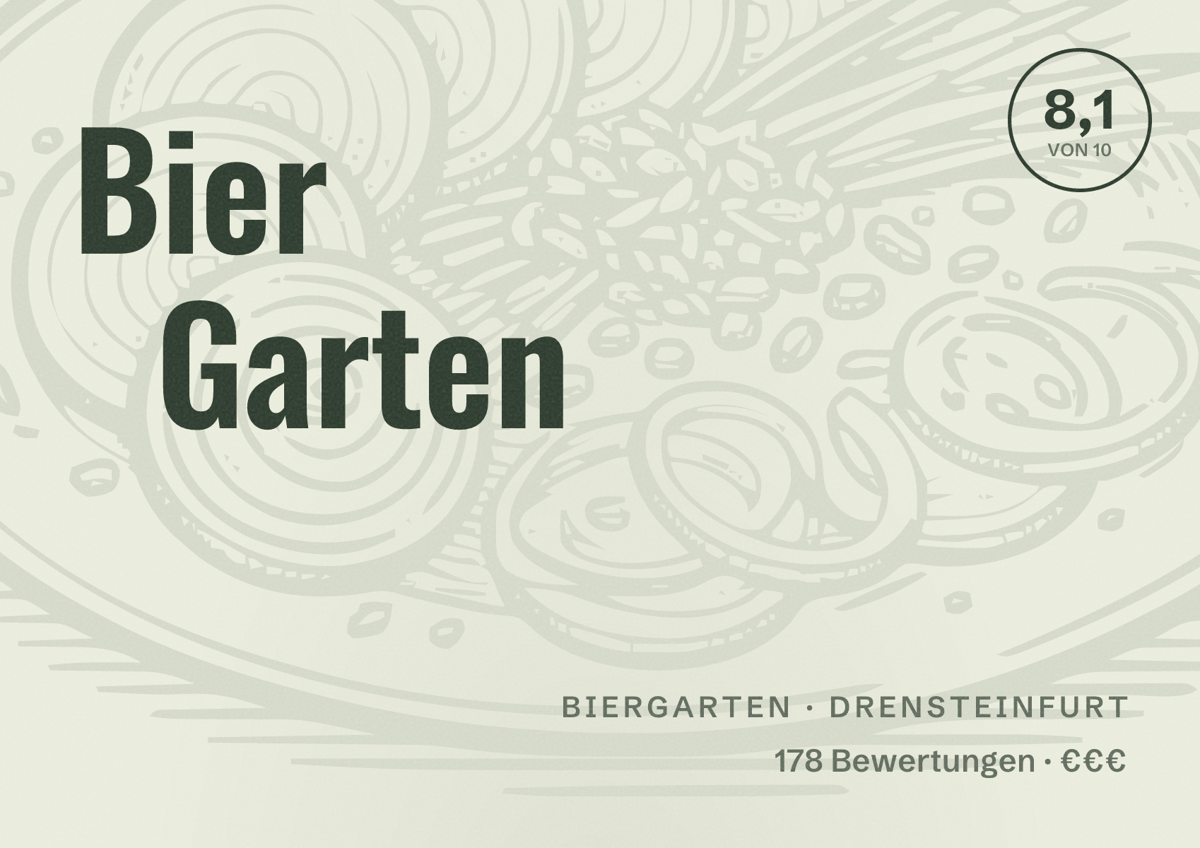 Illustriertes Poster von Bier Garten, Biergarten in Drensteinfurt: Bewertung 8,1 von 10 aus 178 Bewertungen, Preisniveau €€€