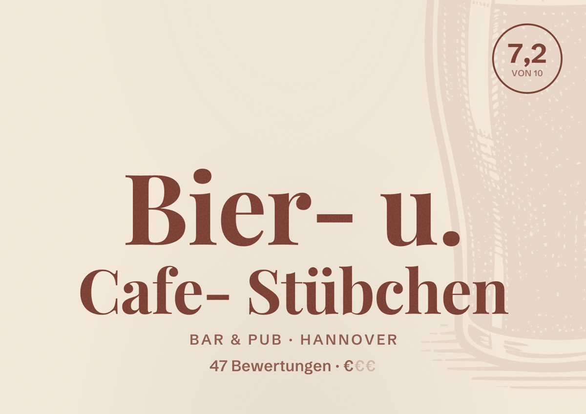 Illustriertes Poster von Bier- u. Cafe- Stübchen, Bar & Pub in Hannover: Bewertung 7,2 von 10 aus 47 Bewertungen, Preisniveau €