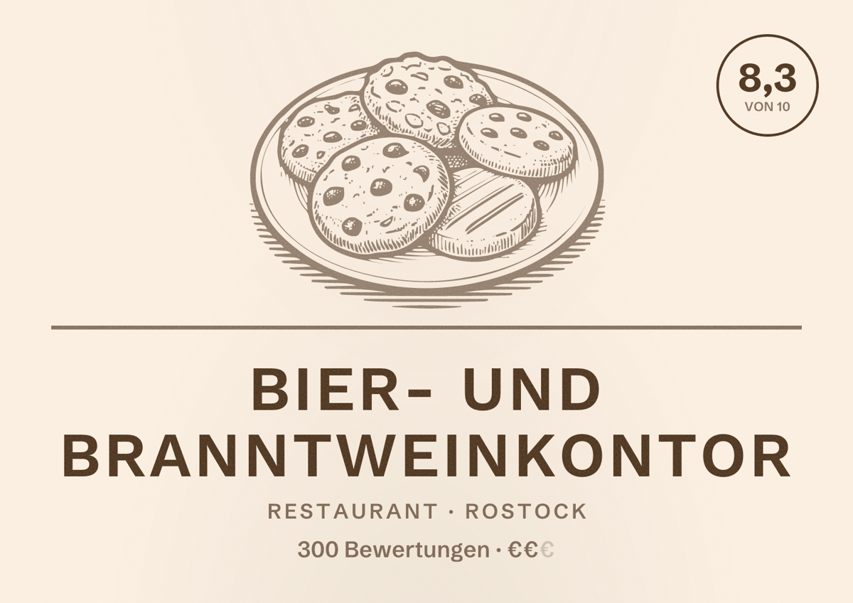 Illustriertes Poster von Bier- und Branntweinkontor, Restaurant in Rostock: Bewertung 8,3 von 10 aus 300 Bewertungen, Preisniveau €€