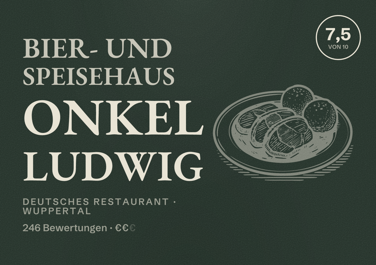 Illustriertes Poster von Bier- und Speisehaus Onkel Ludwig, Deutsches Restaurant in Wuppertal: Gästebewertung 7,5 von 10 aus 246 Bewertungen