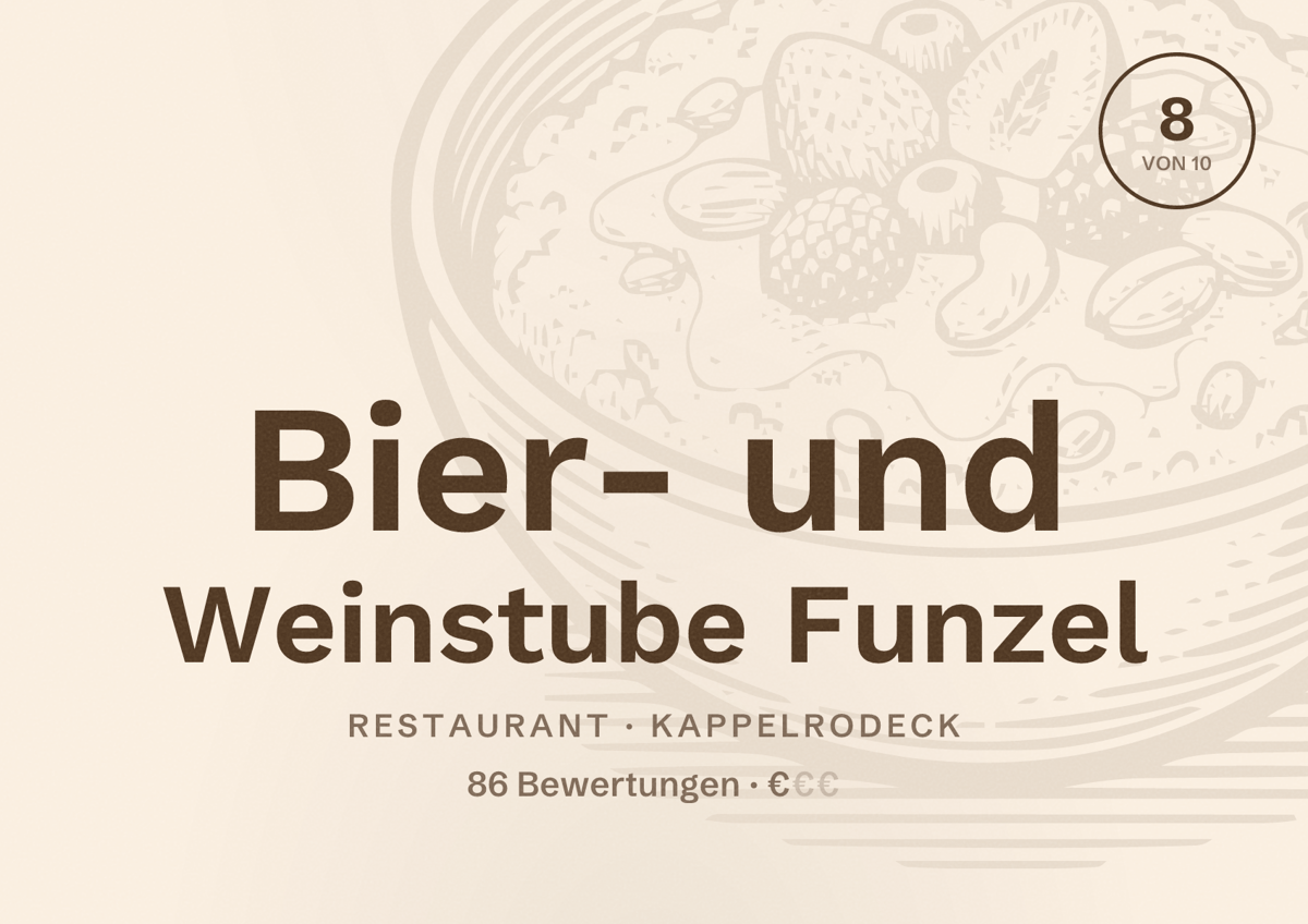 Illustriertes Poster von Bier- und Weinstube Funzel, Restaurant in Kappelrodeck: Bewertung 8 von 10 aus 86 Bewertungen, Preisniveau €