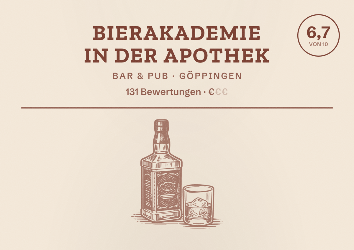 Illustriertes Poster von Bierakademie in der Apothek, Bar & Pub in Göppingen: Bewertung 6,7 von 10 aus 131 Bewertungen, Preisniveau €