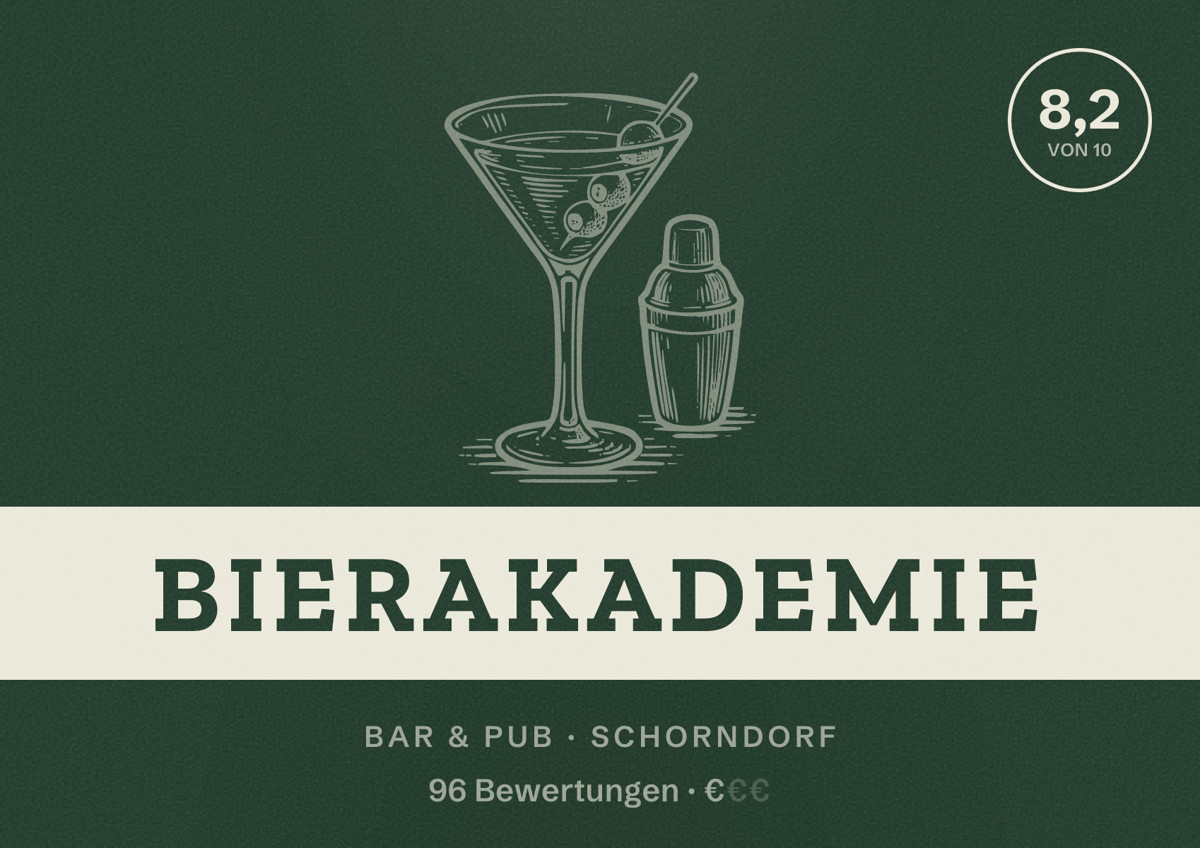 Illustriertes Poster von Bierakademie, Bar & Pub in Schorndorf: Bewertung 8,2 von 10 aus 96 Bewertungen, Preisniveau €