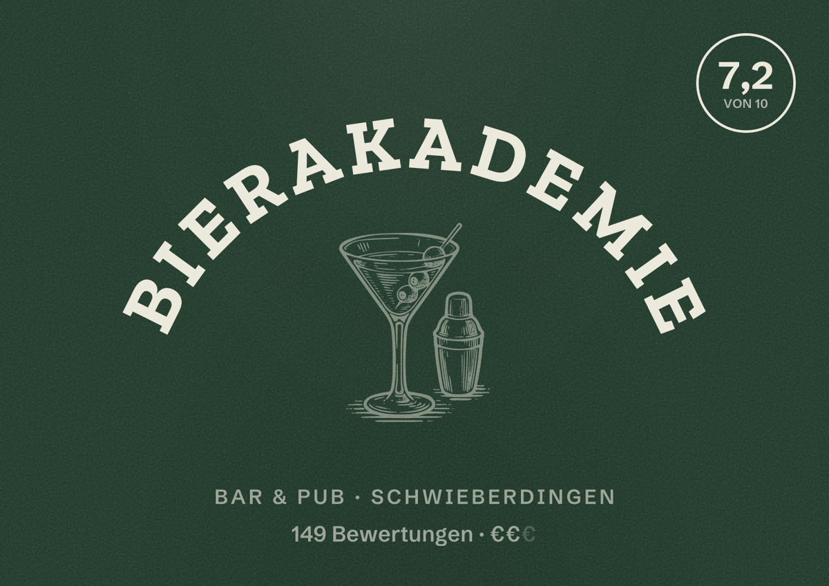 Illustriertes Poster von Bierakademie, Bar & Pub in Schwieberdingen: Bewertung 7,2 von 10 aus 149 Bewertungen, Preisniveau €€