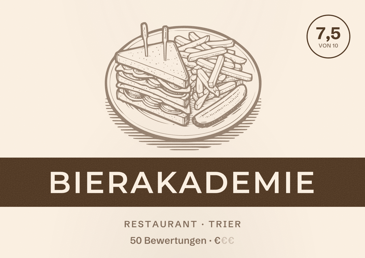 Illustriertes Poster von Bierakademie, Restaurant in Trier: Bewertung 7,5 von 10 aus 50 Bewertungen, Preisniveau €