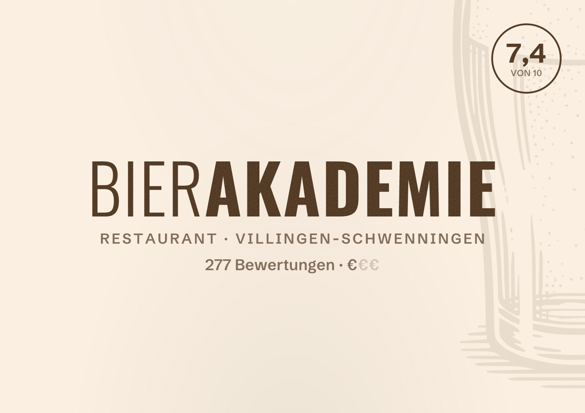 Illustriertes Poster von Bierakademie, Restaurant in Villingen-Schwenningen: Bewertung 7,4 von 10 aus 277 Bewertungen, Preisniveau €
