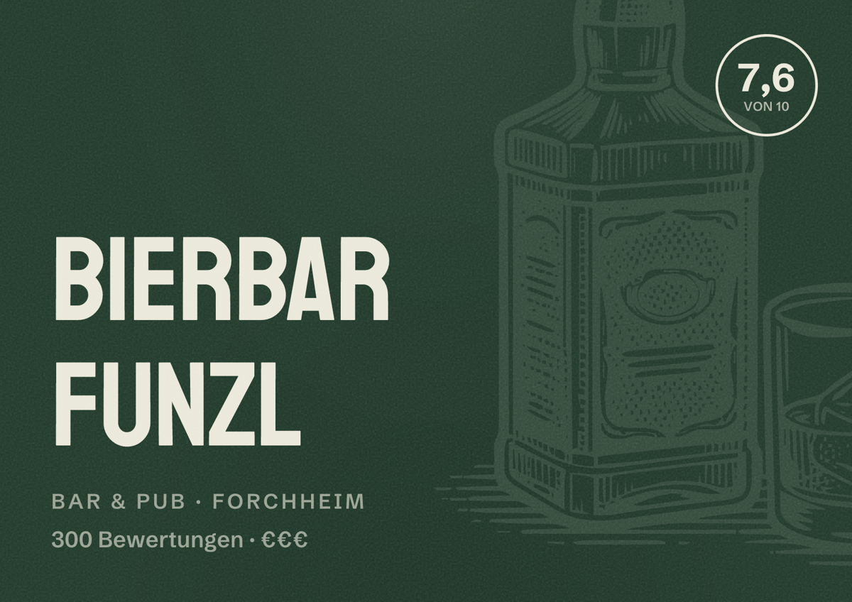 Illustriertes Poster von Bierbar Funzl, Bar & Pub in Forchheim: Bewertung 7,6 von 10 aus 300 Bewertungen, Preisniveau €€€