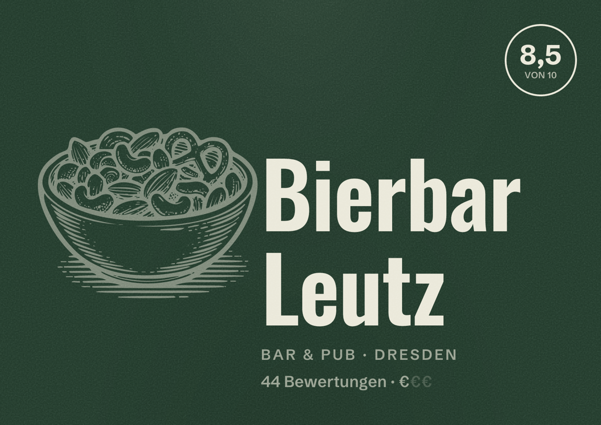 Illustriertes Poster von Bierbar Leutz, Bar & Pub in Dresden: Bewertung 8,5 von 10 aus 44 Bewertungen, Preisniveau €