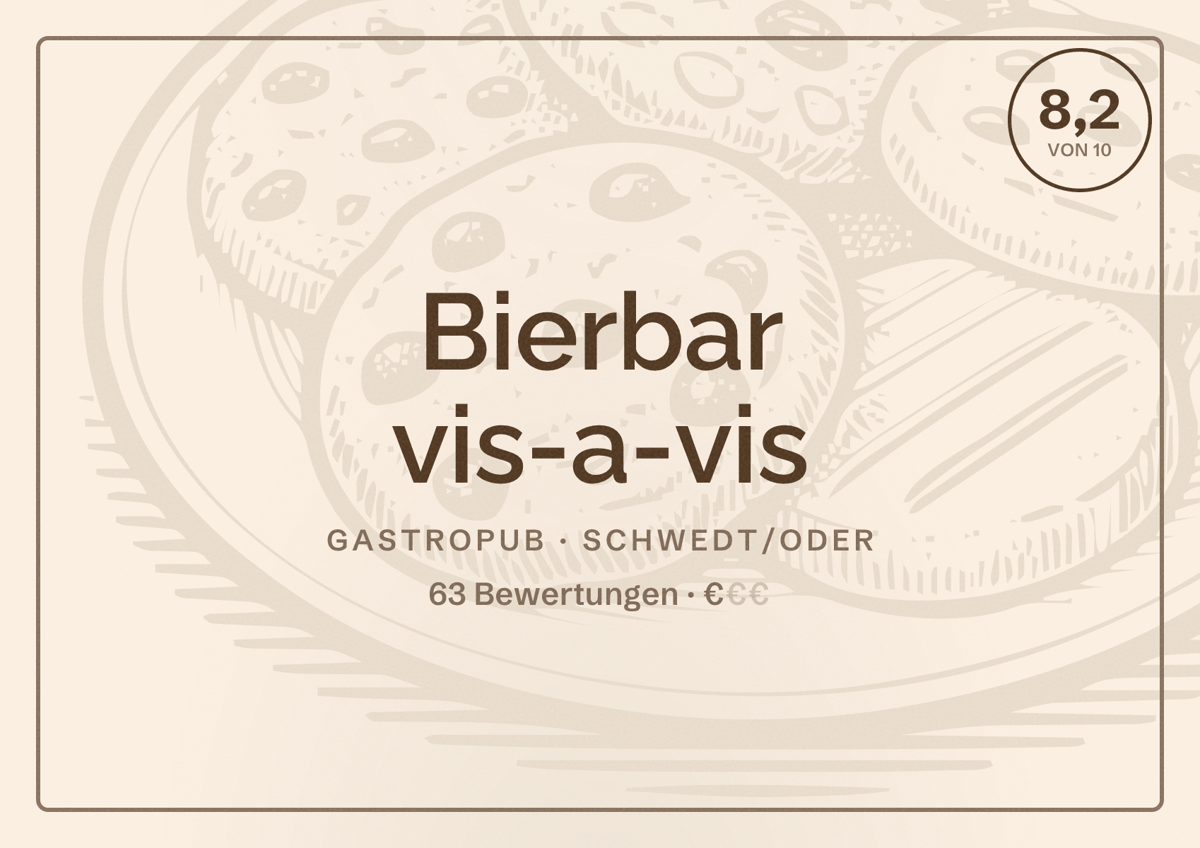 Illustriertes Poster von Bierbar vis-a-vis, Gastropub in Schwedt/Oder: Bewertung 8,2 von 10 aus 63 Bewertungen, Preisniveau €
