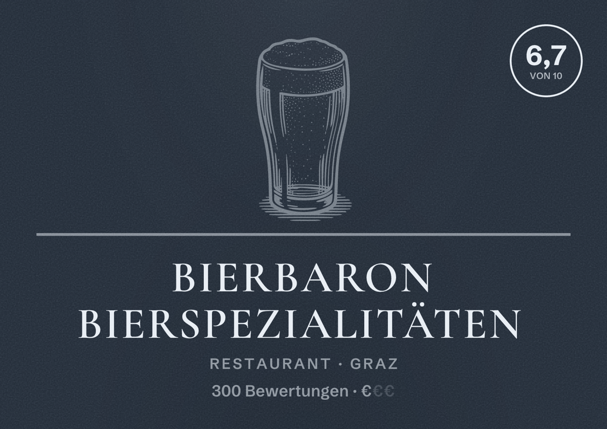 Illustriertes Poster von Bierbaron Bierspezialitäten, Restaurant in Graz: Bewertung 6,7 von 10 aus 300 Bewertungen, Preisniveau €