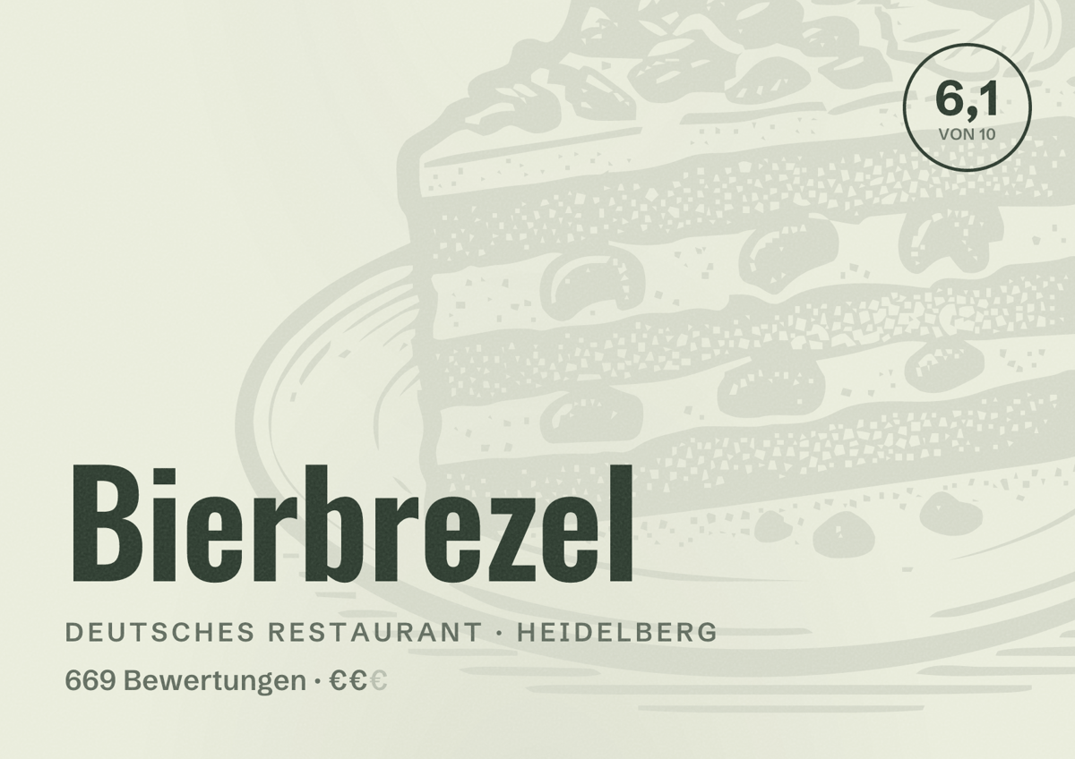 Illustriertes Poster von Bierbrezel, Deutsches Restaurant in Heidelberg: Bewertung 6,1 von 10 aus 669 Bewertungen, Preisniveau €€