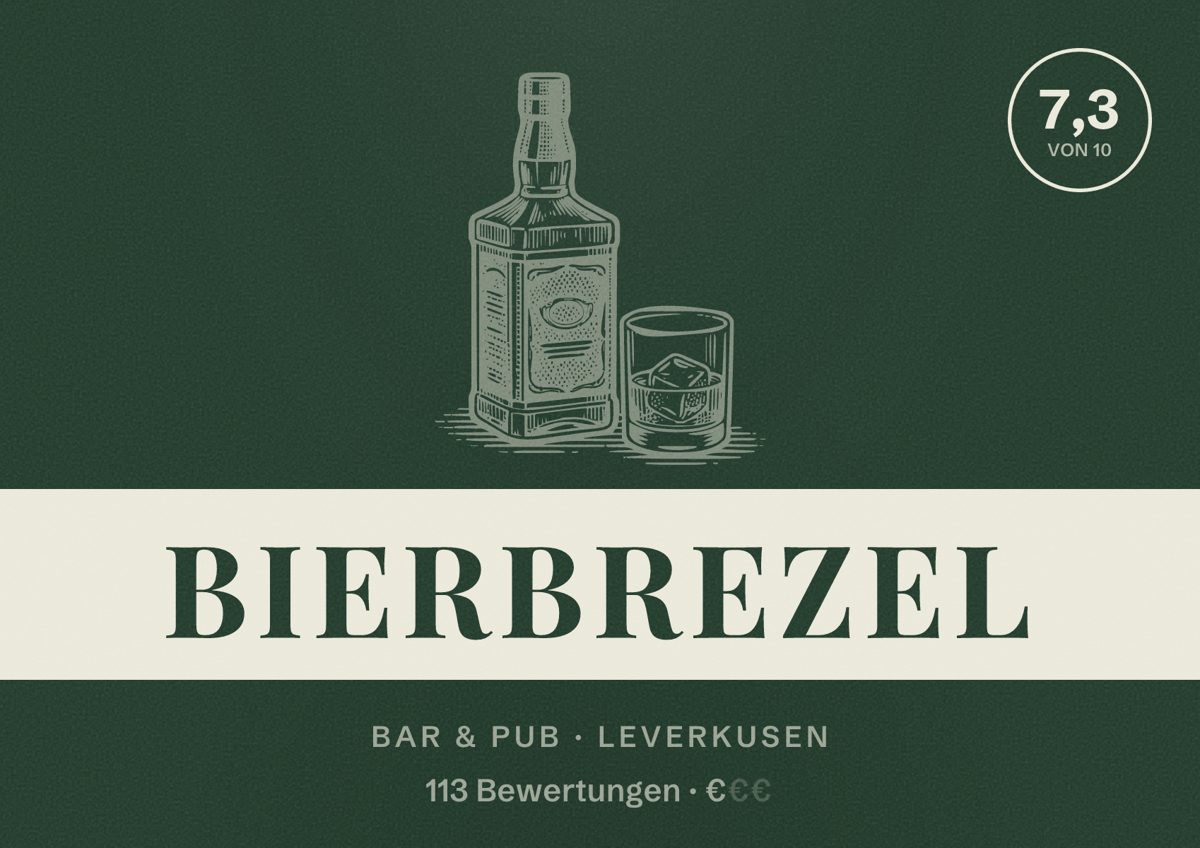 Illustriertes Poster von Bierbrezel, Bar & Pub in Leverkusen: Bewertung 7,3 von 10 aus 113 Bewertungen, Preisniveau €