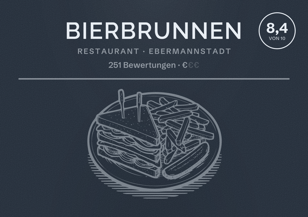 Illustriertes Poster von Bierbrunnen, Restaurant in Ebermannstadt: Bewertung 8,4 von 10 aus 251 Bewertungen, Preisniveau €