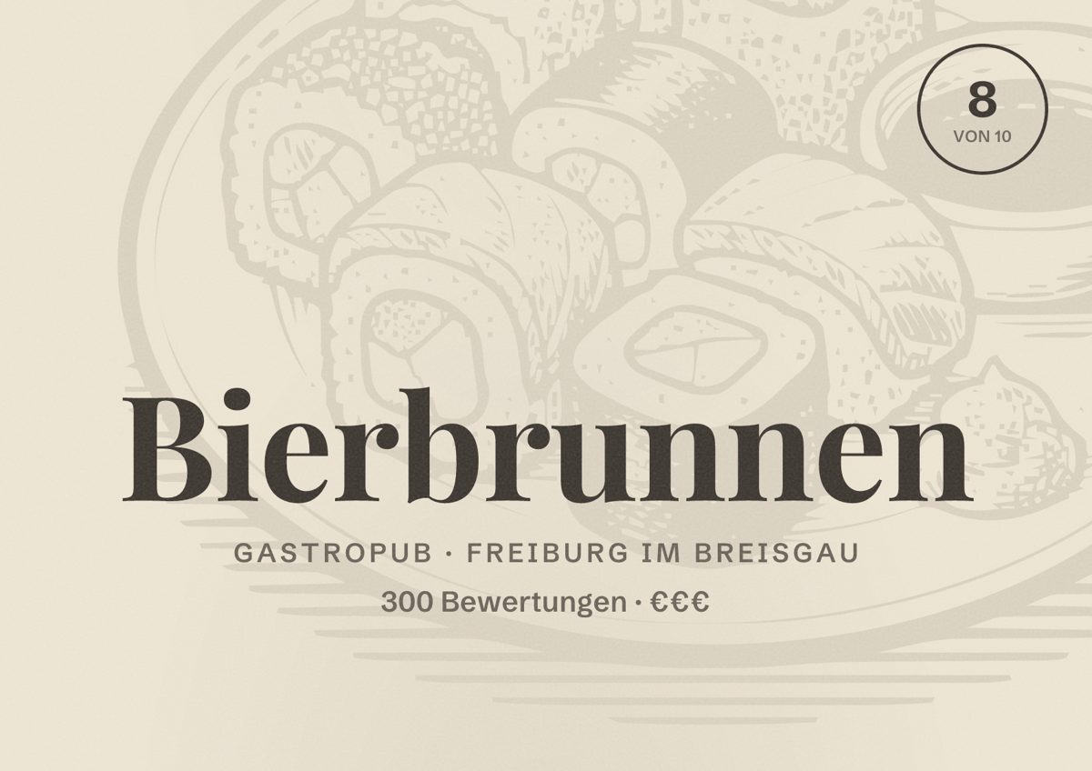 Illustriertes Poster von Bierbrunnen, Gastropub in Freiburg im Breisgau: Bewertung 8,0 von 10 aus 300 Bewertungen, Preisniveau €€€