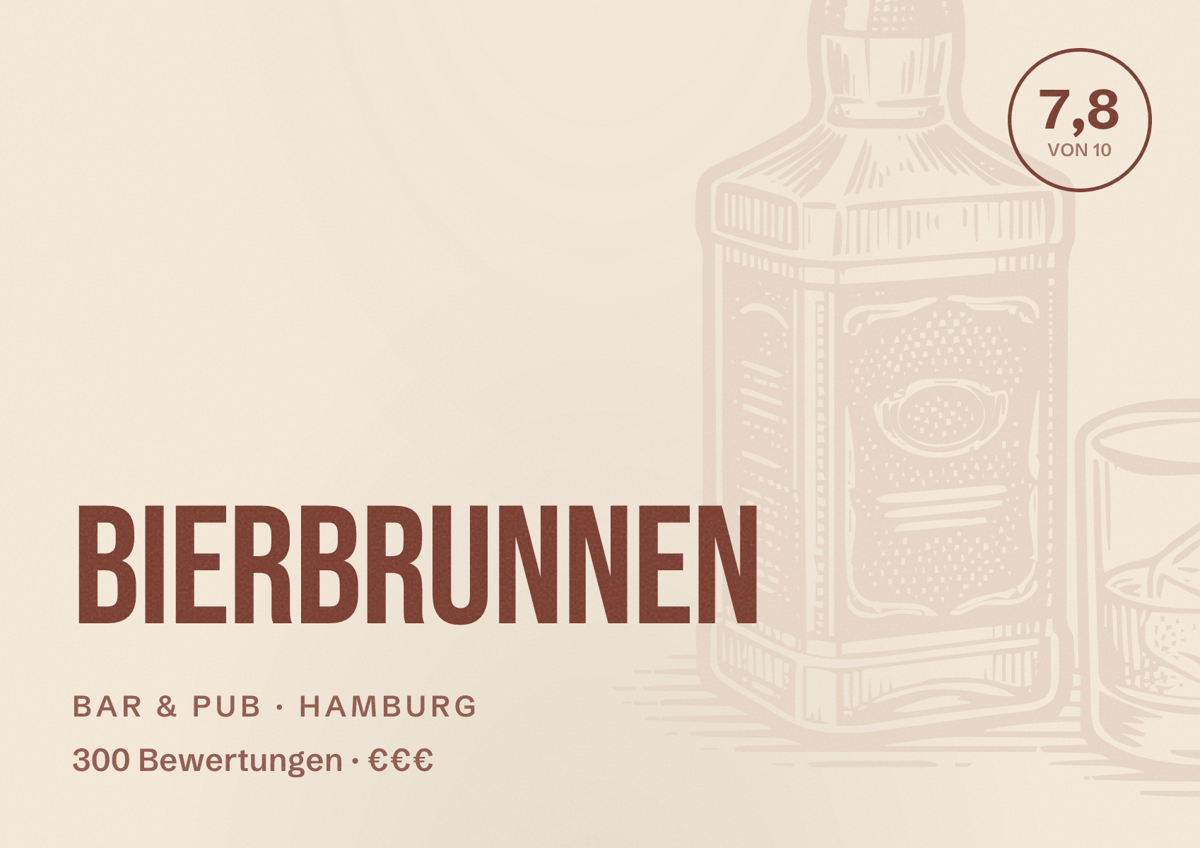 Illustriertes Poster von Bierbrunnen, Bar & Pub in Hamburg: Bewertung 7,8 von 10 aus 300 Bewertungen, Preisniveau €€€