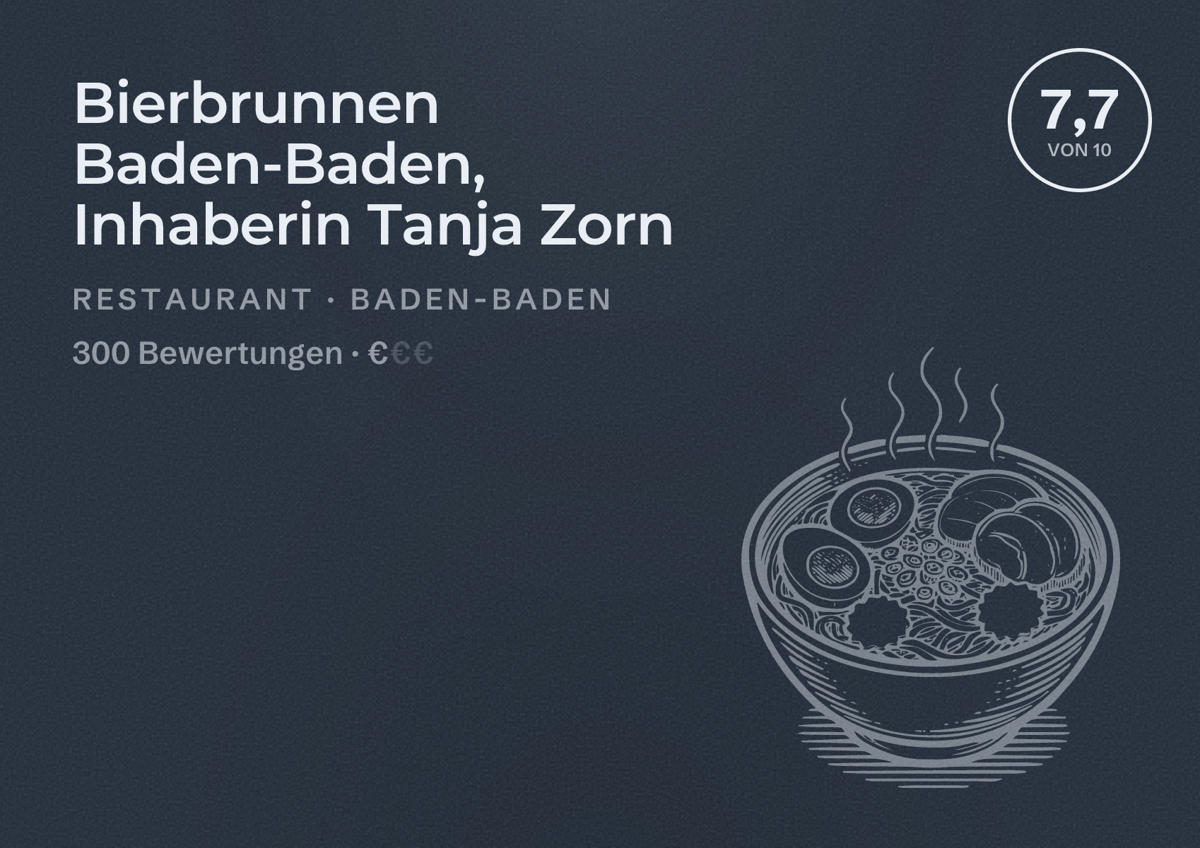 Illustriertes Poster von Bierbrunnen Baden-Baden, Inhaberin Tanja Zorn, Restaurant in Baden-Baden: Bewertung 7,7 von 10 aus 300 Bewertungen, Preisniveau €