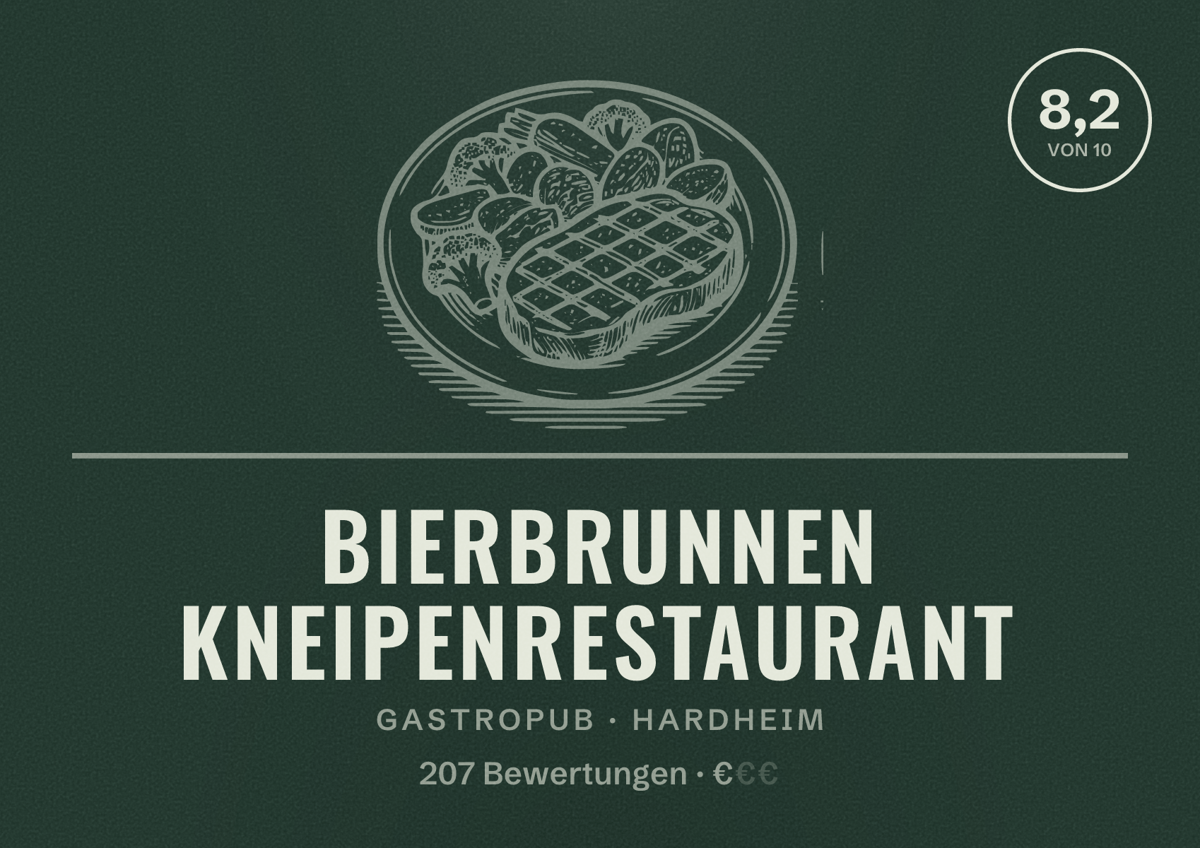 Illustriertes Poster von Bierbrunnen Kneipenrestaurant, Gastropub in Hardheim: Bewertung 8,2 von 10 aus 207 Bewertungen, Preisniveau €