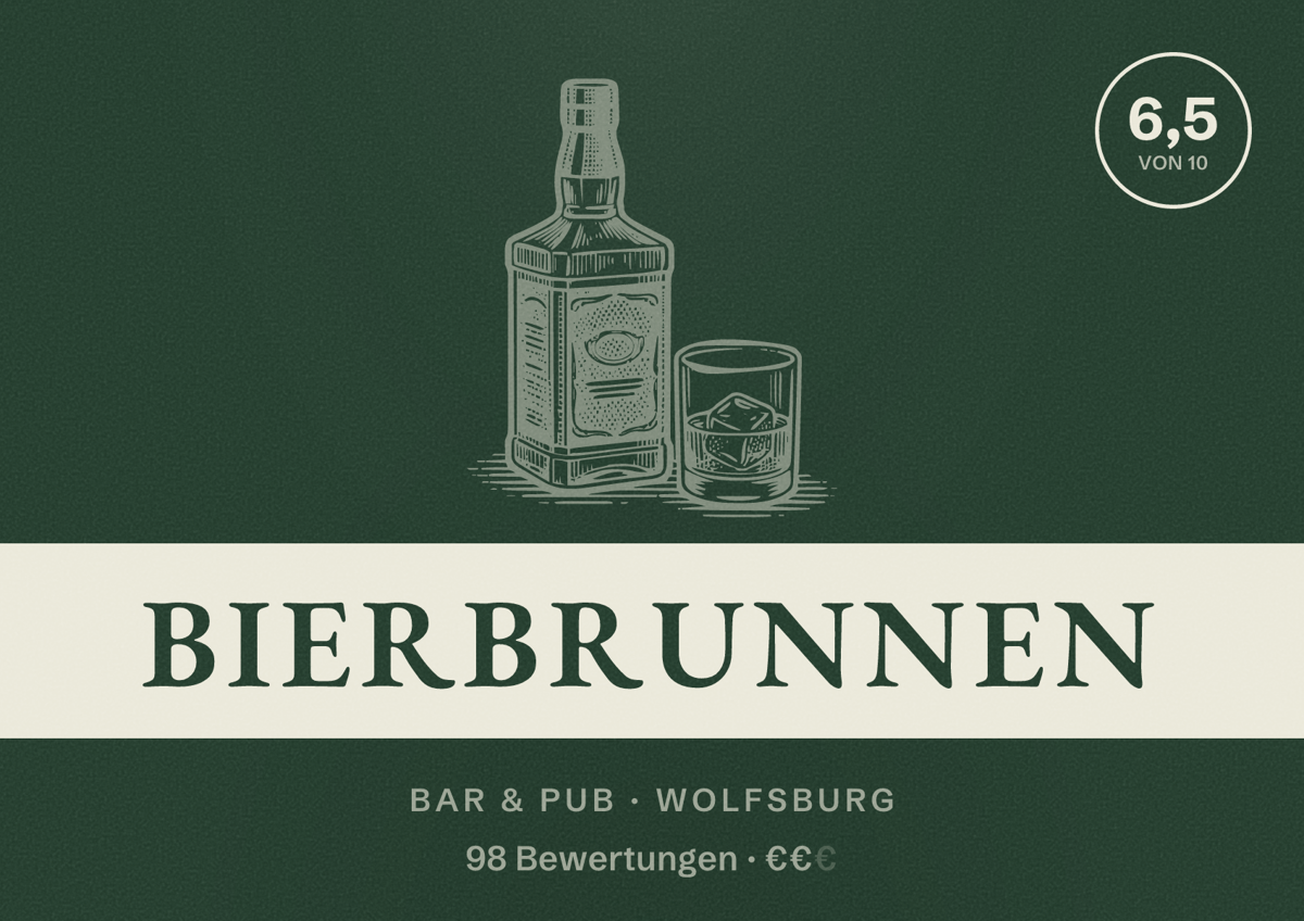 Illustriertes Poster von Bierbrunnen, Bar & Pub in Wolfsburg: Bewertung 6,5 von 10 aus 98 Bewertungen, Preisniveau €€