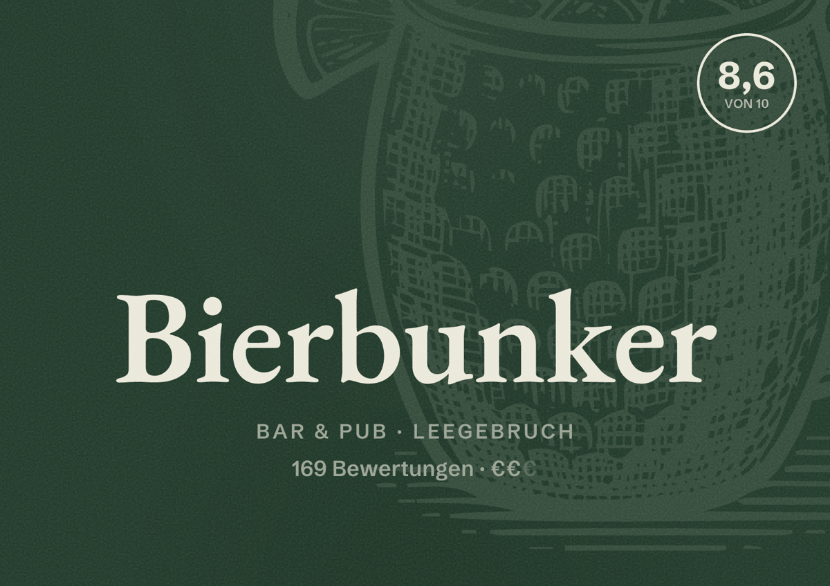 Illustriertes Poster von Bierbunker, Bar & Pub in Leegebruch: Bewertung 8,6 von 10 aus 169 Bewertungen, Preisniveau €€