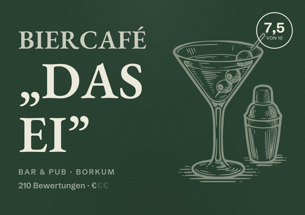 Illustriertes Poster von Biercafé „Das Ei”, Bar & Pub in Borkum: Bewertung 7,5 von 10 aus 210 Bewertungen, Preisniveau €