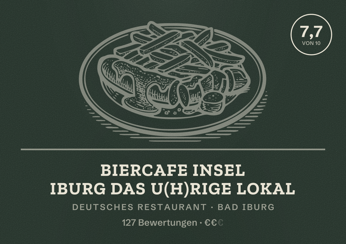 Illustriertes Poster von Biercafe Insel Iburg das U(h)rige Lokal, Deutsches Restaurant in Bad Iburg: Bewertung 7,7 von 10 aus 127 Bewertungen, Preisniveau €€