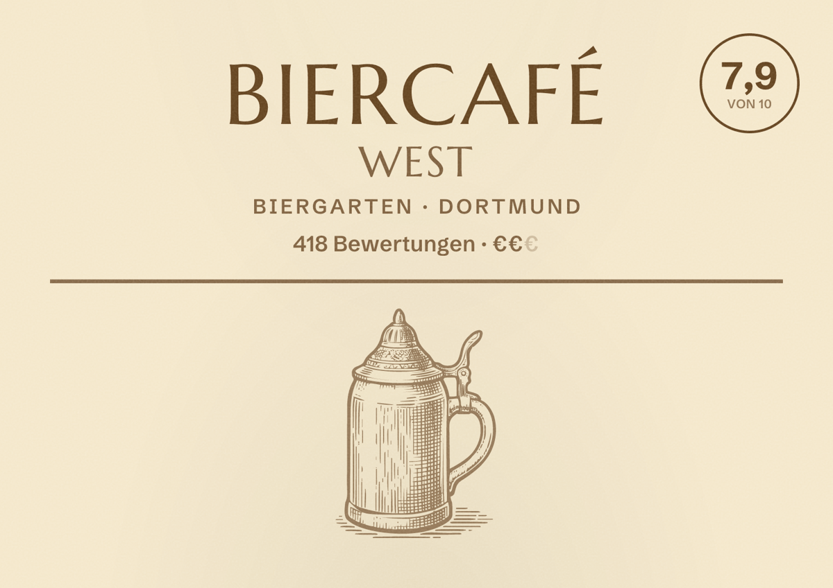 Illustriertes Poster von BierCafé West, Biergarten in Dortmund: Bewertung 7,9 von 10 aus 418 Bewertungen, Preisniveau €€