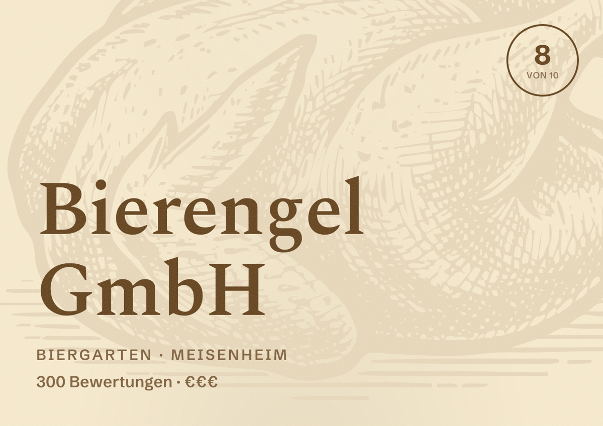 Illustriertes Poster von Bierengel GmbH, Biergarten in Meisenheim: Bewertung 8 von 10 aus 300 Bewertungen, Preisniveau €€€