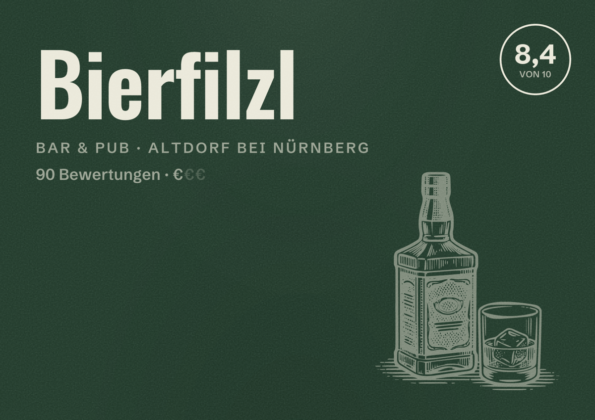 Illustriertes Poster von Bierfilzl, Bar & Pub in Altdorf bei Nürnberg: Bewertung 8,4 von 10 aus 90 Bewertungen, Preisniveau €