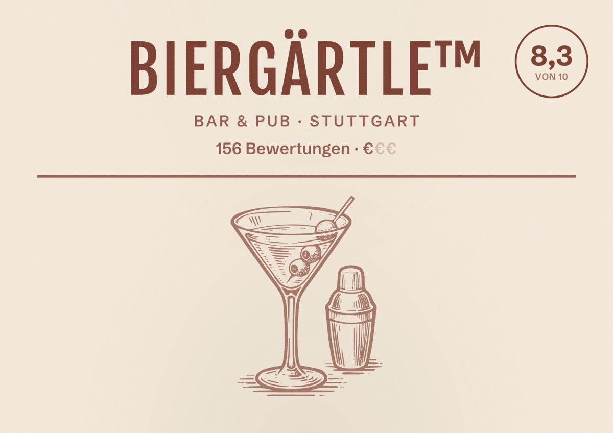Illustriertes Poster von Biergärtle™, Bar & Pub in Stuttgart: Bewertung 8,3 von 10 aus 156 Bewertungen, Preisniveau €