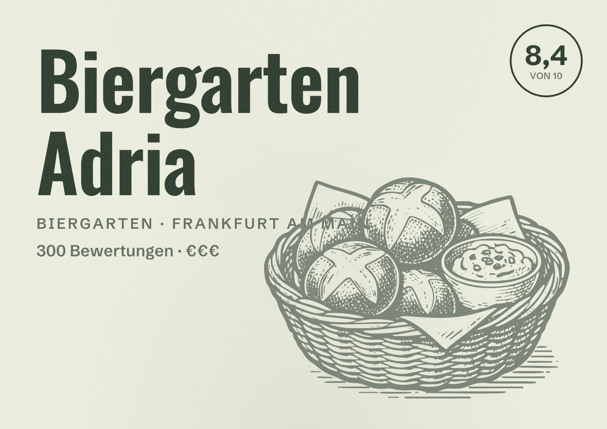 Illustriertes Poster von Biergarten Adria, Biergarten in Frankfurt am Main: Bewertung 8,4 von 10 aus 300 Bewertungen, Preisniveau €€€