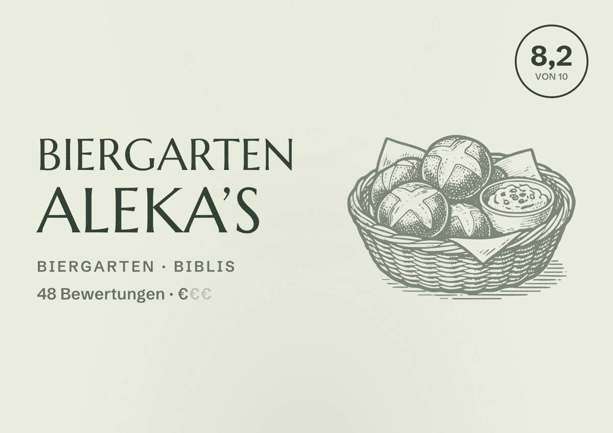 Illustriertes Poster von Biergarten Aleka’s, Biergarten in Biblis: Bewertung 8,2 von 10 aus 48 Bewertungen, Preisniveau €