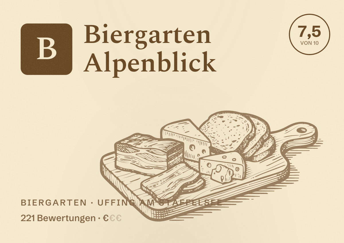 Illustriertes Poster von Biergarten Alpenblick, Biergarten in Uffing am Staffelsee: Bewertung 7,5 von 10 aus 221 Bewertungen, Preisniveau €
