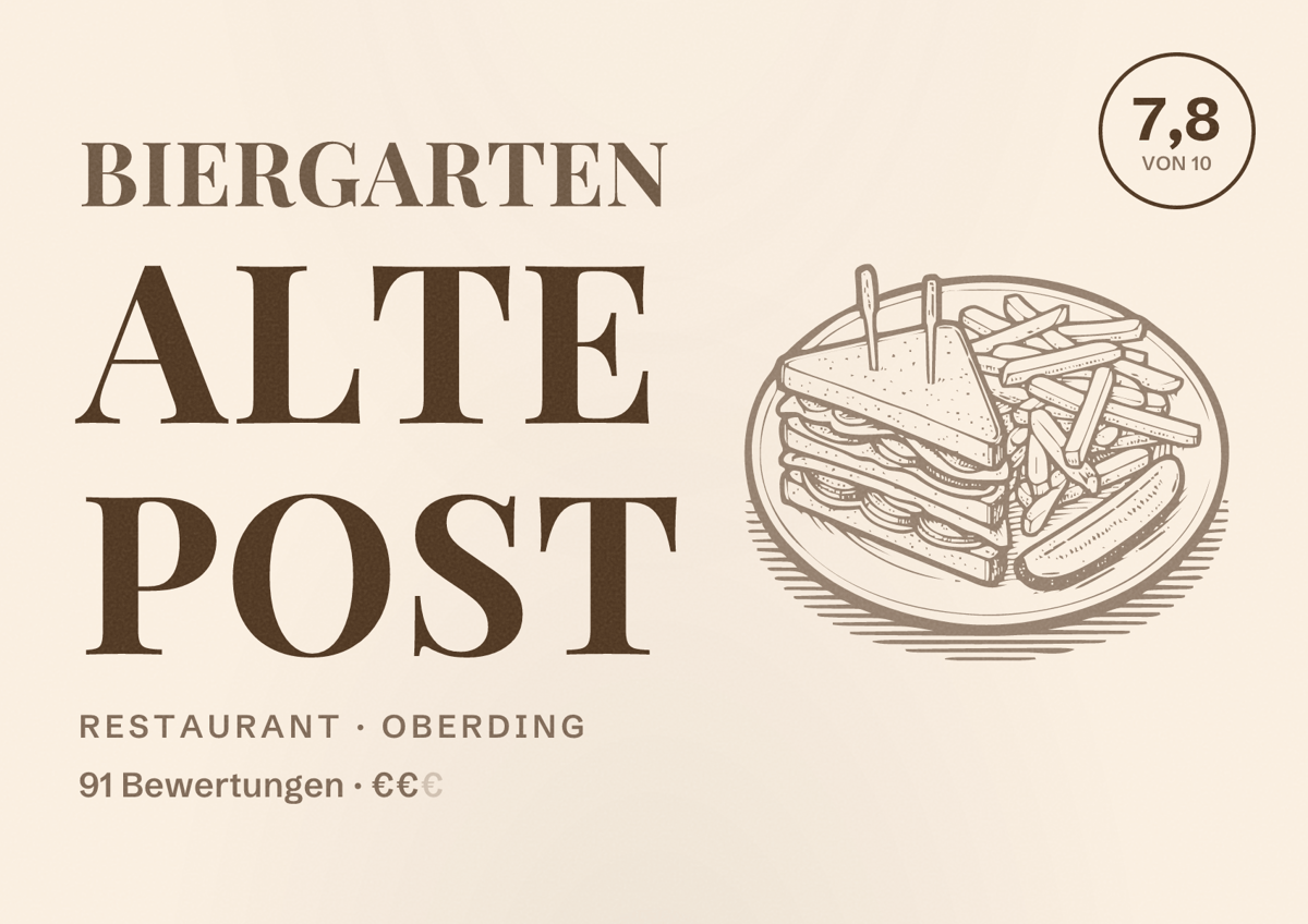 Illustriertes Poster von Biergarten Alte Post, Restaurant in Oberding: Bewertung 7,8 von 10 aus 91 Bewertungen, Preisniveau €€