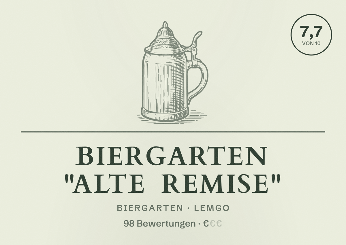Illustriertes Poster von Biergarten "Alte Remise", Biergarten in Lemgo: Bewertung 7,7 von 10 aus 98 Bewertungen, Preisniveau €