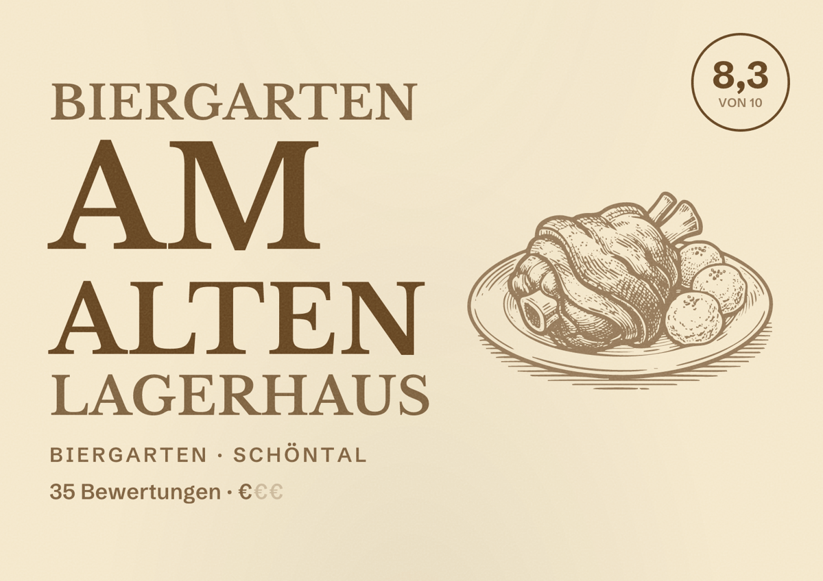 Illustriertes Poster von Biergarten am alten Lagerhaus, Biergarten in Schöntal: Bewertung 8,3 von 10 aus 35 Bewertungen, Preisniveau €