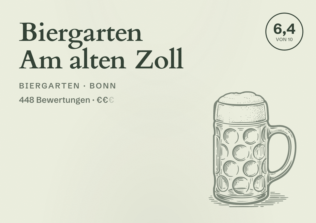 Illustriertes Poster von Biergarten Am alten Zoll, Biergarten in Bonn: Bewertung 6,4 von 10 aus 448 Bewertungen, Preisniveau €€