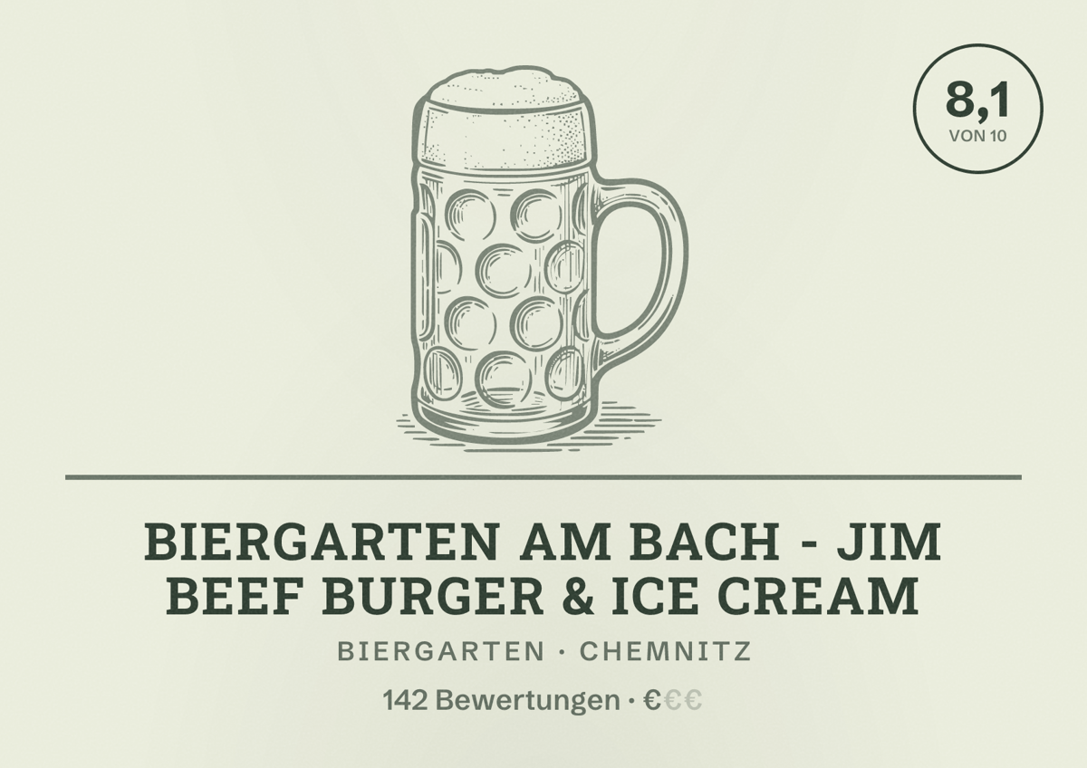 Illustriertes Poster von Biergarten am Bach - Jim Beef Burger & Ice Cream, Biergarten in Chemnitz: Bewertung 8,1 von 10 aus 142 Bewertungen, Preisniveau €