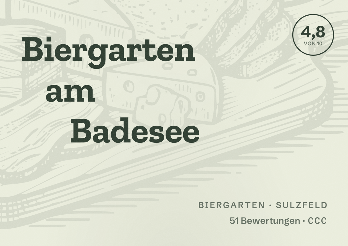 Illustriertes Poster von Biergarten am Badesee, Biergarten in Sulzfeld: Bewertung 4,8 von 10 aus 51 Bewertungen, Preisniveau €€€
