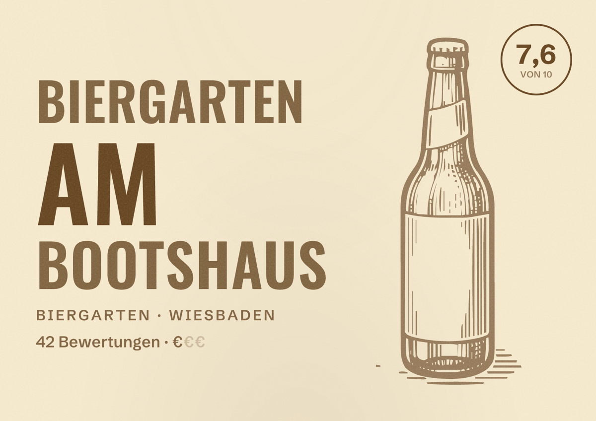 Illustriertes Poster von Biergarten am Bootshaus, Biergarten in Wiesbaden: Bewertung 7,6 von 10 aus 42 Bewertungen, Preisniveau €