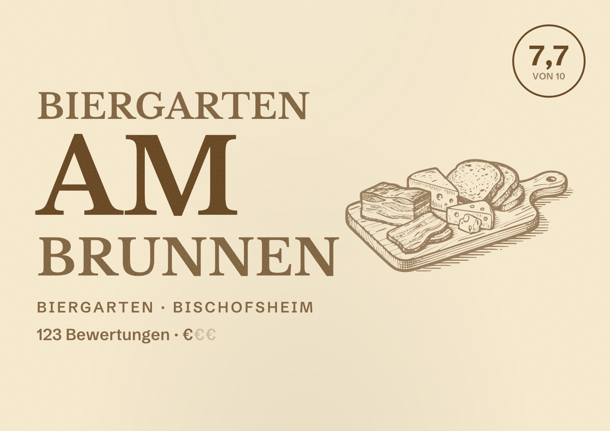 Illustriertes Poster von Biergarten am Brunnen, Biergarten in Bischofsheim: Bewertung 7,7 von 10 aus 123 Bewertungen, Preisniveau €