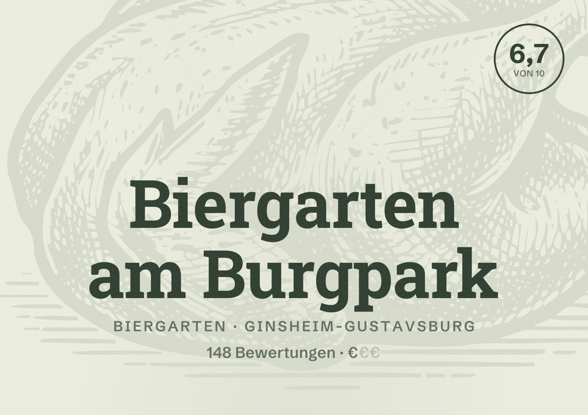 Illustriertes Poster von Biergarten am Burgpark, Biergarten in Ginsheim-Gustavsburg: Bewertung 6,7 von 10 aus 148 Bewertungen, Preisniveau €