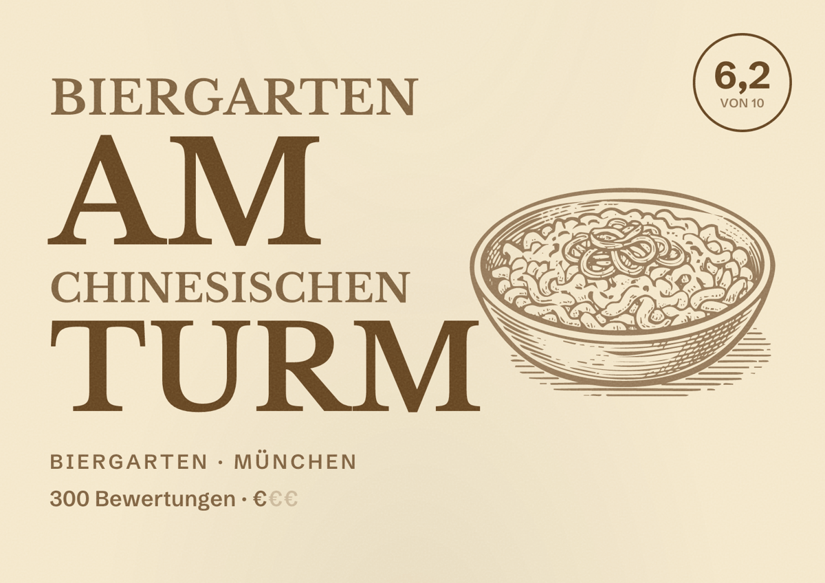 Illustriertes Poster von Biergarten am Chinesischen Turm, Biergarten in München: Bewertung 6,2 von 10 aus 300 Bewertungen, Preisniveau €