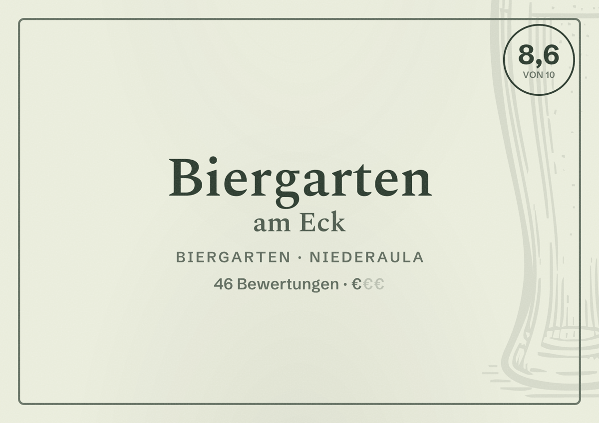 Illustriertes Poster von Biergarten am Eck, Biergarten in Niederaula: Bewertung 8,6 von 10 aus 46 Bewertungen, Preisniveau €
