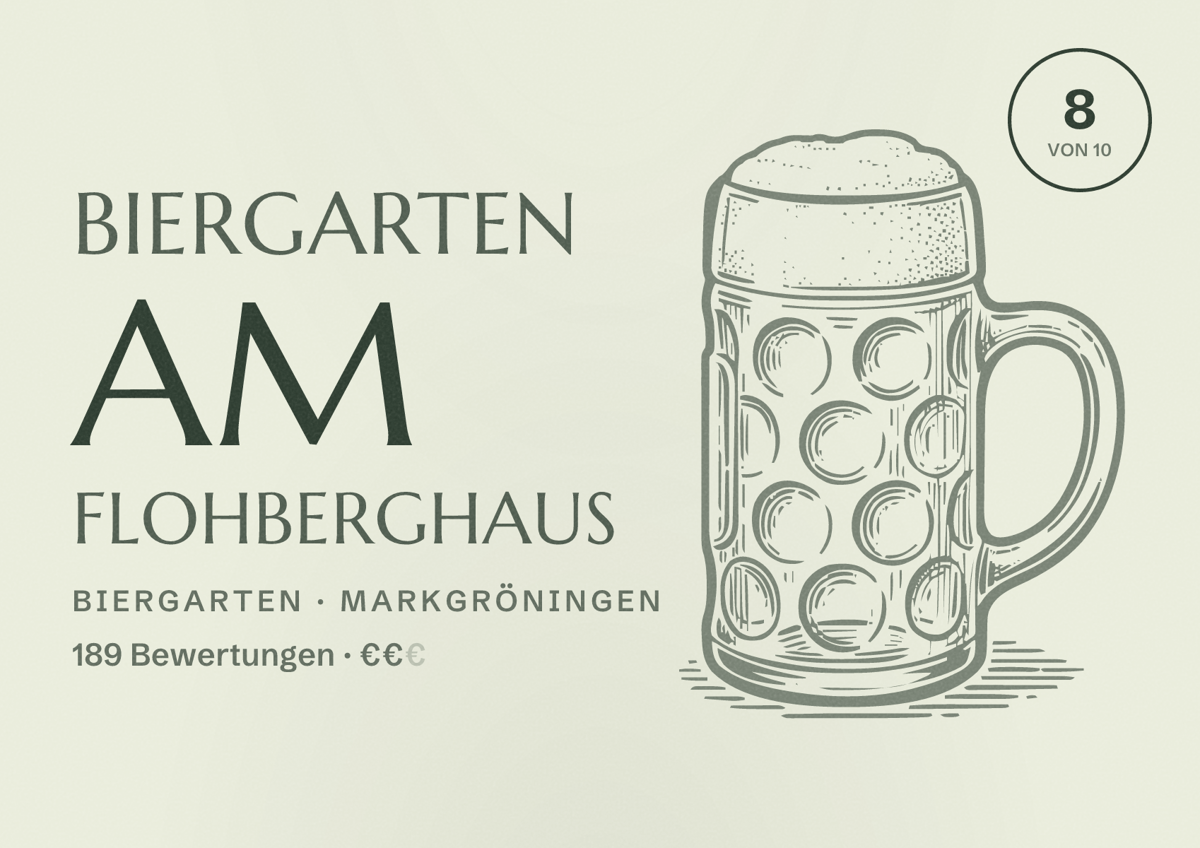 Illustriertes Poster von Biergarten am Flohberghaus, Biergarten in Markgröningen: Bewertung 8 von 10 aus 189 Bewertungen, Preisniveau €€