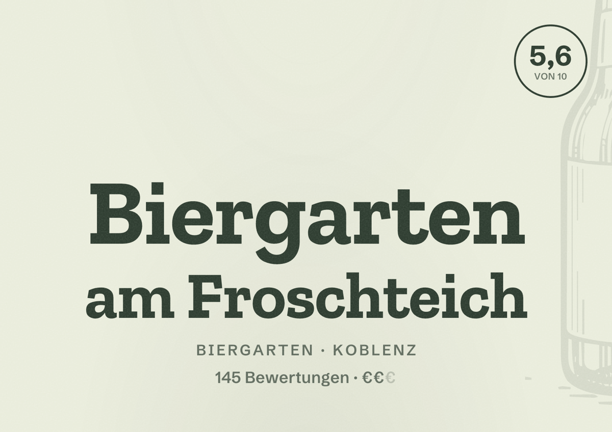Illustriertes Poster von Biergarten am Froschteich, Biergarten in Koblenz: Bewertung 5,6 von 10 aus 145 Bewertungen, Preisniveau €€
