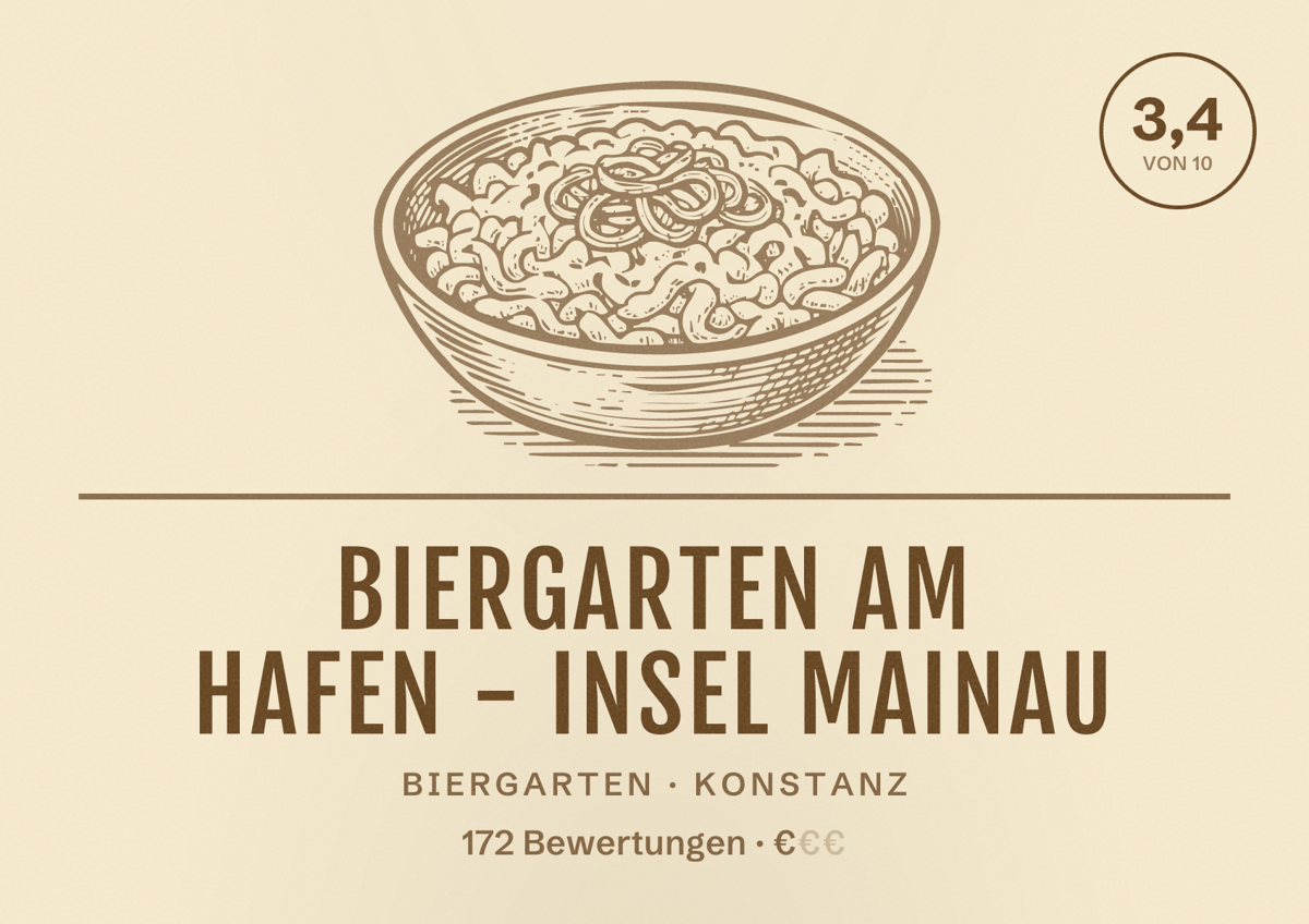 Illustriertes Poster von Biergarten am Hafen - Insel Mainau, Biergarten in Konstanz: Bewertung 3,4 von 10 aus 172 Bewertungen, Preisniveau €