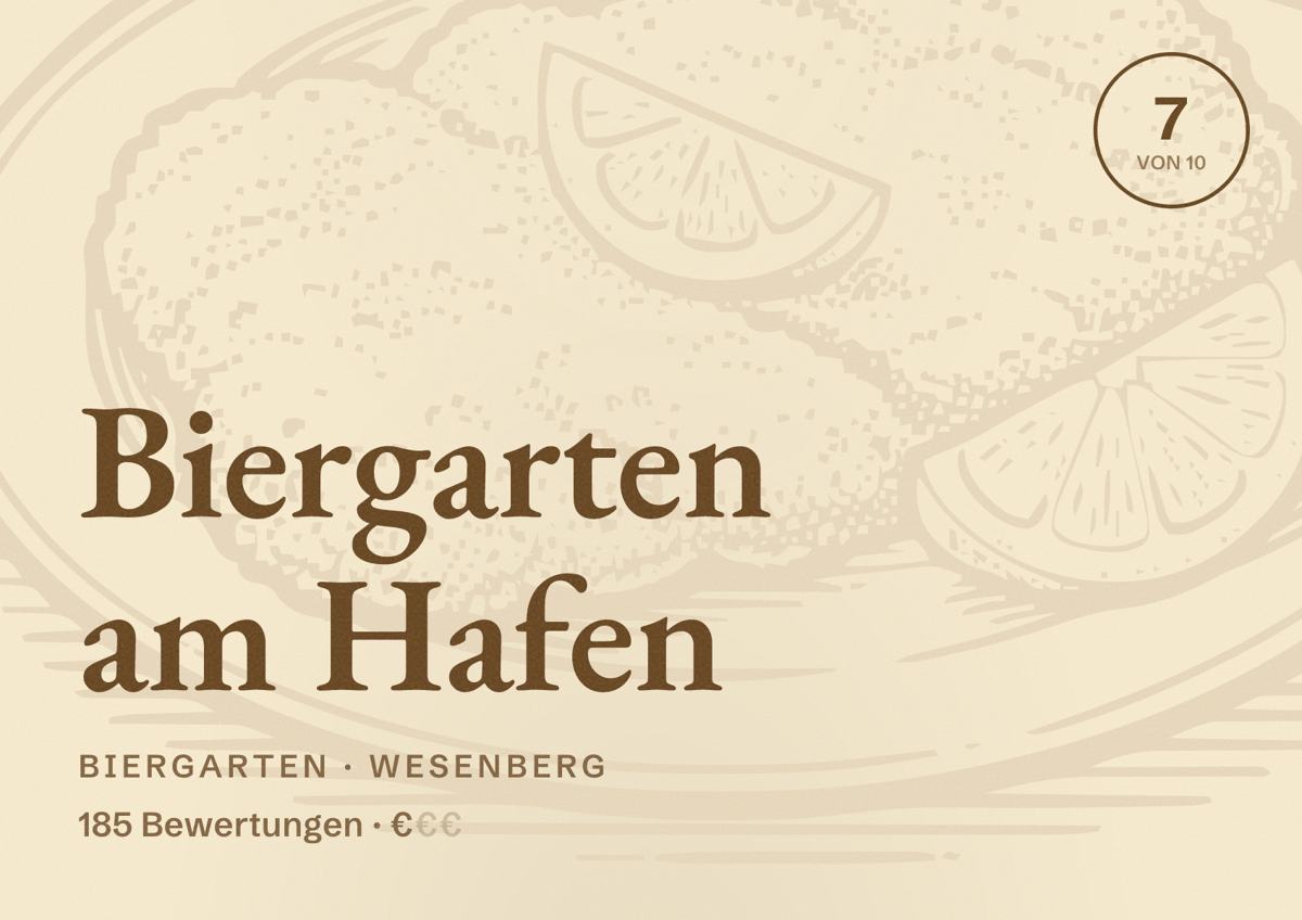 Illustriertes Poster von Biergarten am Hafen, Biergarten in Wesenberg: Bewertung 7 von 10 aus 185 Bewertungen, Preisniveau €