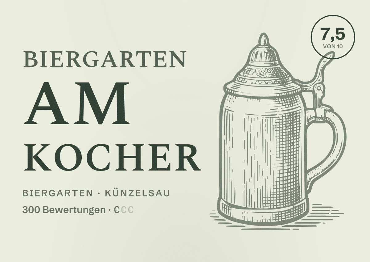 Illustriertes Poster von Biergarten am Kocher, Biergarten in Künzelsau: Bewertung 7,5 von 10 aus 300 Bewertungen, Preisniveau €