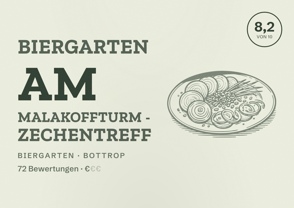 Illustriertes Poster von Biergarten am Malakoffturm - ZECHENTREFF, Biergarten in Bottrop: Bewertung 8,2 von 10 aus 72 Bewertungen, Preisniveau €